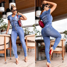 Além de tamanhos rasgados jeans macacão sexy feminino manga curta azul bodycon casual denim macacão 2024 - compre barato