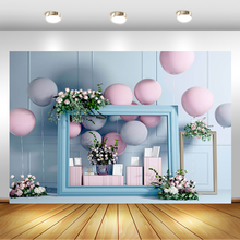 Fondo fotográfico de puerta elegante para estudio fotográfico, telón de fondo azul claro con diseño de flores y globos, perfecto para fotografía de cumpleaños 2024 - compra barato