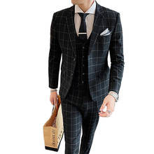 ( Jacket + Vest + Pants ) Fashion Boutique Plaid Mens Casual Business Suit 3pcs Set Groom Wedding Dress Formal Slim Suit Male 2024 - buy cheap