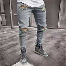 Мужские джинсы, стильные рваные джинсы, брюки в байкерском стиле, облегающие зауженные прямые потертые джинсовые брюки, новые модные обтягивающие джинсы, мужская одежда 2024 - купить недорого