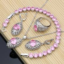 Conjuntos de joyería con circón rosa, Kits de joyería de disfraz de plata 925 para mujer, pendientes/colgante/anillo/pulsera/conjunto de collar, envío directo 2024 - compra barato