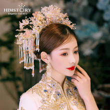 HIMSTORY Newest Chinese Wedding Head Bride Vintage Crystal Flower Phoenix Pink Floral Wedding Party Stage Hair Jewelries 2024 - buy cheap