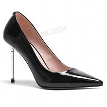 LAIGZEM Wome Pumps Genuine Leather Shinny Matt Black Sandals Metal Stiletto Heels Party Dress Shoes Woman Plus Size 41 44 46 2024 - buy cheap