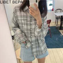 Lançamento 2021 outono blusa feminina casual elegante camisa xadrez estilo preppy manga lanterna túnica roupas soltas bl2015 2024 - compre barato