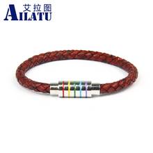 New Vintage Genuine Leather Bracelet Rainbow Stainless Steel Buckle Bracelet Men Women Fashion Birthday Gift Drop Shipping 2024 - buy cheap