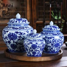 Chinese Painted Ceramic Tea Tin Blue and White Porcelain Crafts Ornaments Sealed Tea Leaves Storage Jar with Lid Home Decoration 2024 - buy cheap