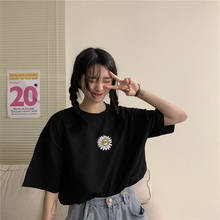 Camiseta feminina estilo japonês ulzzang, camiseta feminina folgada com margaridas bordadas 2024 - compre barato