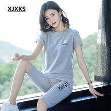 Xjxks conjunto solto de duas peças feminino, camiseta plus size com faixa elástica e calças cortadas, verão 2020 2024 - compre barato