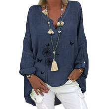 Blusa informal de manga larga para mujer, Camisa de algodón y lino con bordado, cuello en V, estilo bohemio 2024 - compra barato