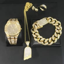 Роскошные мужские часы, ожерелье в стиле хип-хоп, мужские часы, ожерелье, браслет, кольцо и серьги, комбо ювелирное изделие, набор ледяных кубинских ювелирных изделий для мужчин 2024 - купить недорого