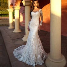 Женское кружевное свадебное платье с длинным рукавом, с прозрачным воротником, на пуговицах, 2021 2024 - купить недорого