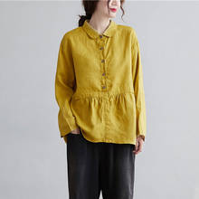 Blusa de algodão e linho feminina com gola virada para baixo, camisa solta amarela casual, primavera e outono, 2020 2024 - compre barato