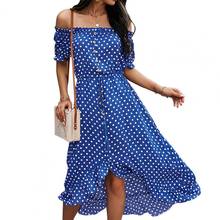 2021 New Female Dot Polka Print Dress Women Button Off Shoulder Dress For Sexy Ladies Slim Short Sleeve Ruffled Hem Summer Dress 2024 - buy cheap