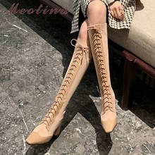 Meotina-botas femininas cano alto, couro legítimo, salto alto, fecho quadrado, zíper o dedo do pé, cardarço cruzado, preto 2024 - compre barato