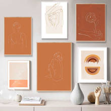 Pintura abstrata laranja queimada para parede, arte em tela de quebra-íris minimalista com uma linha, desenho cartazes de boho, impressões, decoração de casa 2024 - compre barato