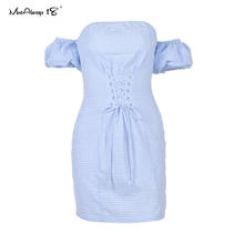 Mnealways18 Casual Off Shoulder Plaid Dress Women Short Puff Sleeve Blue Cotton Dress Sweet Straight Summer Sundress Streetwear 2024 - buy cheap