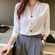 Ljsxls coreano das mulheres roupas 2021 primavera moda v pescoço chiffon blusas femininas casual manga longa camisas brancas queda senhora blusas 2024 - compre barato