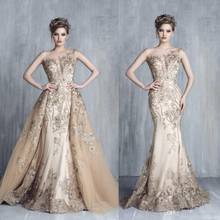 Evening Dresses With Detachable Train Champagne Beads Mermaid Prom Gowns Lace Applique Luxury Party Dress robes de soirée 2024 - buy cheap