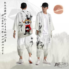 Cárdigan Kimono con estampado de Panda samurái para hombre, conjunto de abrigo y pantalones finos sueltos informales tradicionales japoneses, ropa asiática Harajuku 2024 - compra barato