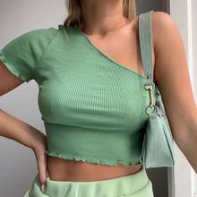 2020 Summer Women One Shoulder T-shirt Casual Short Sleeve Solid Ribbed Tees Lady Streetwear Fashion Women Slim Crop Tops 2024 - buy cheap