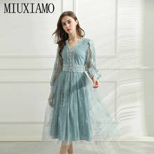 MIUXIMAO 2021 Spring Summer Embroidery Flower Full Sleeve V-neck Elegant Casual Lace Party Dress Women Vestidos 2024 - buy cheap