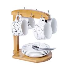 Soporte de bambú para tazas, estante de almacenamiento para el hogar, organizador de exhibición creativo para tazas de té y platillo, sostiene 6 tazas 2024 - compra barato