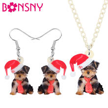 Bonsny Acrylic Christmas Hat Tie Yorkshire Dog Jewelry Sets Necklace Earrings Animal Jewelry For Women Girl Teen Kids Charm Gift 2024 - buy cheap