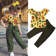 2-7Y Toddler Kid Baby Girl Clothes Sets Sunflower Print Off Shoulder Tops+Long Pants Summer Outfits Set 2024 - buy cheap