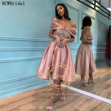 Short Dusty Rose Crystal Prom Dresses Off The Shoulder Tea Length Satin Formal Party Dress Plus Size Women Occasion Gowns 2024 - buy cheap