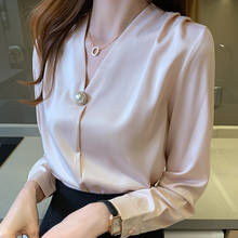 Satin Pearl Button V-neck Chiffon Women's Blouse Solid Loose Elegant Long Sleeve Office Lady Blouses 2021 Fashion New Female Top 2024 - buy cheap