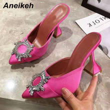 Aneikeh Summer Woman Slippers Silk Satin Pointed Toe Rhinestone Crystal Cup Heeled High Heels Mules Slip On Ladies Slides Shoes 2024 - buy cheap