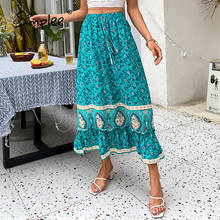 Simplee Holiday peacock blue floral print a-line long skirt summer Roman style sash skirt lady Ethic women bottoms vestidos 2021 2024 - buy cheap