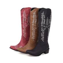 Женские ковбойские ботинки в западном стиле; зимние ковбойские ботинки с острым носком; цвет черный, коричневый; сапоги до колена; женская прошитая обувь; женская обувь на высоком каблуке 2024 - купить недорого