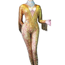 Gold Rhinestones Pattern Printing Jumpsuit Long Sleeve Tassel Rompers Nightclub Dance Show Wear Party Evening Costume Women 2024 - buy cheap