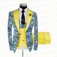 Traje azul con estampado Floral para hombre, traje de 3 piezas a medida para novio, esmoquin de boda, Blazer ajustado para graduación, chaqueta de traje, chaleco amarillo, pantalones, 2021 2024 - compra barato