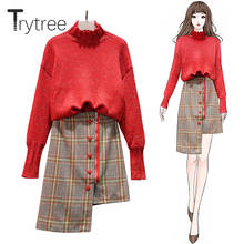 Trytree Autumn Winter Two piece set Casual Turtleneck Solid Top + Skirt Mini Button Zipper Plaid Office Lady Set 2 Piece Set 2024 - buy cheap