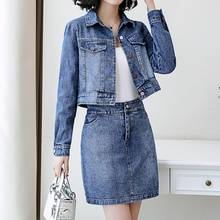 Conjunto de saia jeans feminino, duas peças, jaqueta, roupa para mulheres, coreano, outono 2024 - compre barato