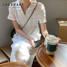 CHEERART-Vestido camisero largo fruncido para mujer, ropa de manga corta con cordones blancos, a media pierna, moda coreana, verano 2020 2024 - compra barato