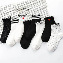 Meias femininas de algodão, meias curtas e casuais de bolinhas, brancas, pretas, com babado 2024 - compre barato