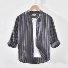 Camisa masculina de linho 100% com listras, camisa de verão fina e respirável com manga de três quartos, camisa masculina de linho 2024 - compre barato