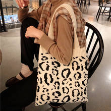 Fashion Women Knitted Shopping Bag Leopard Woven Ladies Shoulder Bags Portable Woolen Cloth Handbags Large Capacity Casual Tote 2024 - buy cheap