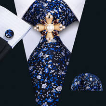 Barry.Wang Tie For Male 8.5cm Silk Men Tie Blue Floral Woven Necktie Pattern With Hanky Cufflinks Brooch Set For Wedding N-5035 2024 - buy cheap