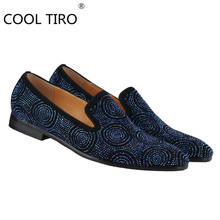 COOL TIRO Moccasins Mens Casual loafers shoes Blue Suede leather Rhinestones Flame Square Toe Flats Prom party Dress Shoes men 2022 - buy cheap