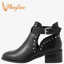 2021 Ladies Spring Casual Booties Shoes Black Rivets Ankle Boots Woman Buckle Strap Med Chunky Heels Round Toe Large Size 11 16 2024 - buy cheap