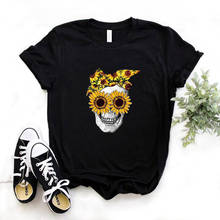 Женская футболка в стиле панк с милым черепом, модные повседневные футболки с коротким рукавом и изображением подсолнуха, забавные женские топы 2024 - купить недорого
