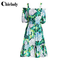 CHICLADY summer holiday green tropical printed flower floral spaghetti strap slash neck ruched knee length dress for party women 2024 - buy cheap