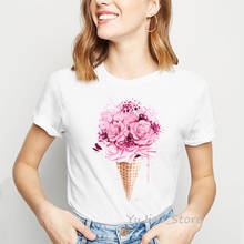 Flores rosa ice cream imprimir t-shirt mulheres camiseta top harajuku kawaii roupas tumblr 90s t shirt mulheres camisas casual branco básico 2024 - compre barato