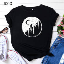 JCGO-Camiseta de verano con estampado de Luna y bosque para mujer, ropa de S-5XL de talla grande, cuello redondo, manga corta, informal, 100% algodón 2024 - compra barato