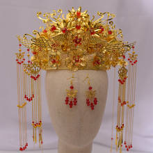 Oriental Bride Xiuhe headdress 2021 new Chinese wedding Gold red tassel Phoenix crown ancient costume's wedding hairdress 2024 - buy cheap
