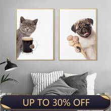 Cute Pug Dog And Cat Canvas Painting Wall Art Funny Animals Hold Winebowl Poster Prints Wall Pictures For Living Room Home Decor 2024 - buy cheap